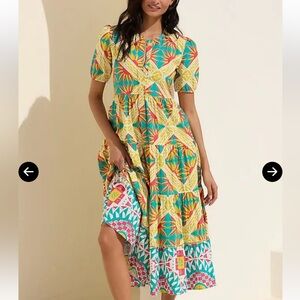 RO'S GARDEN Daphne Short-Sleeve Midi printed colorful tiered Dress size small